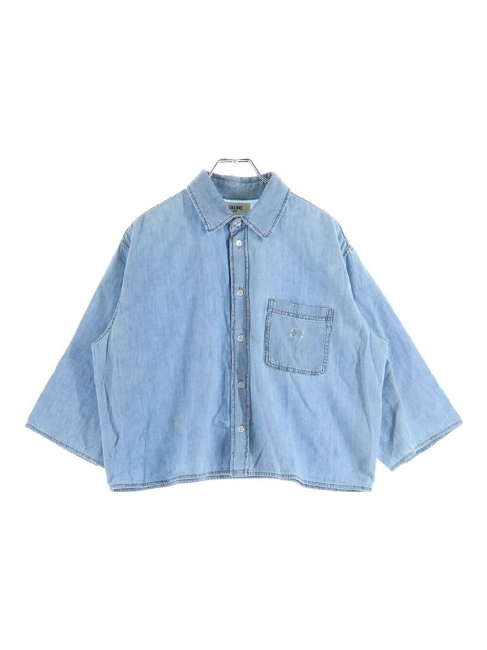 Celine Triomphe Short Sleeve Cropped Denim Shirt Logo Embroidery Indigo